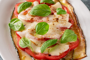 Grilled Zucchini With Tomato Torched Mozzarella Basil On Elegant, a Food & Drink Photo by Alexander Prokopenko