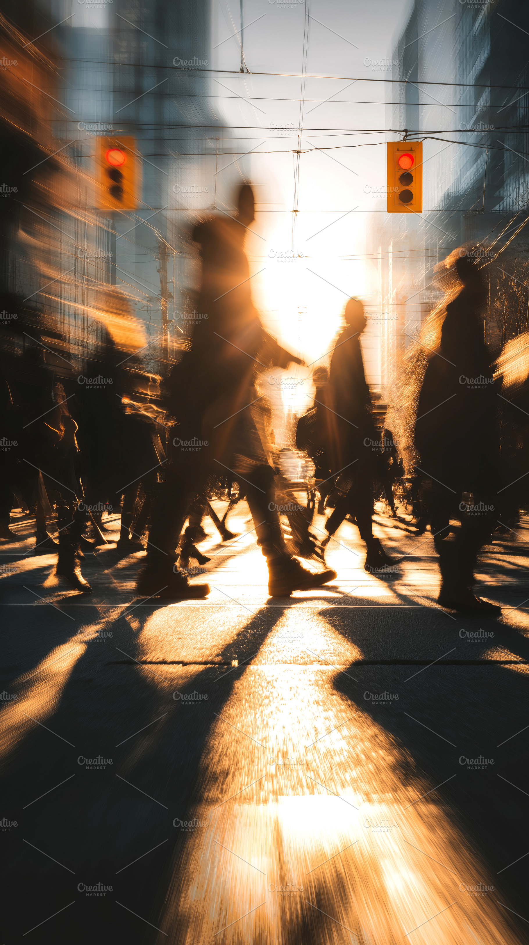 Silhouetted Pedestrians Crossing Busy Urban Street at Sunset with Blurred Motio, a Person Photo by Ocean Digital Art