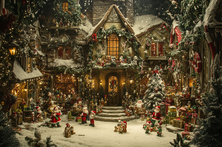 Festive winter village decorated wit, a Photo by Tanuart
