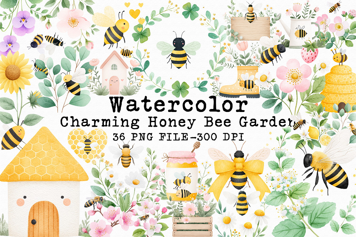 Charming Honey Bee Garden Clipart Se, an Illustration by Libby Wishes (Photo 1 of 7)