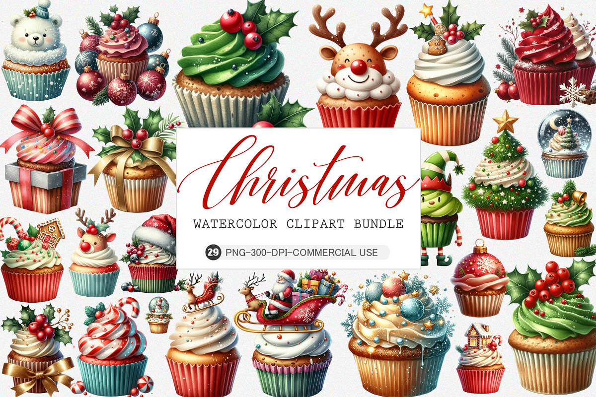 Watercolor Christmas Cupcakes Png, an Illustration by SinaCreation (Photo 1 of 5)