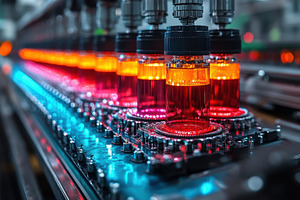 Production line for colorful beverag, a Photo by Tanuart