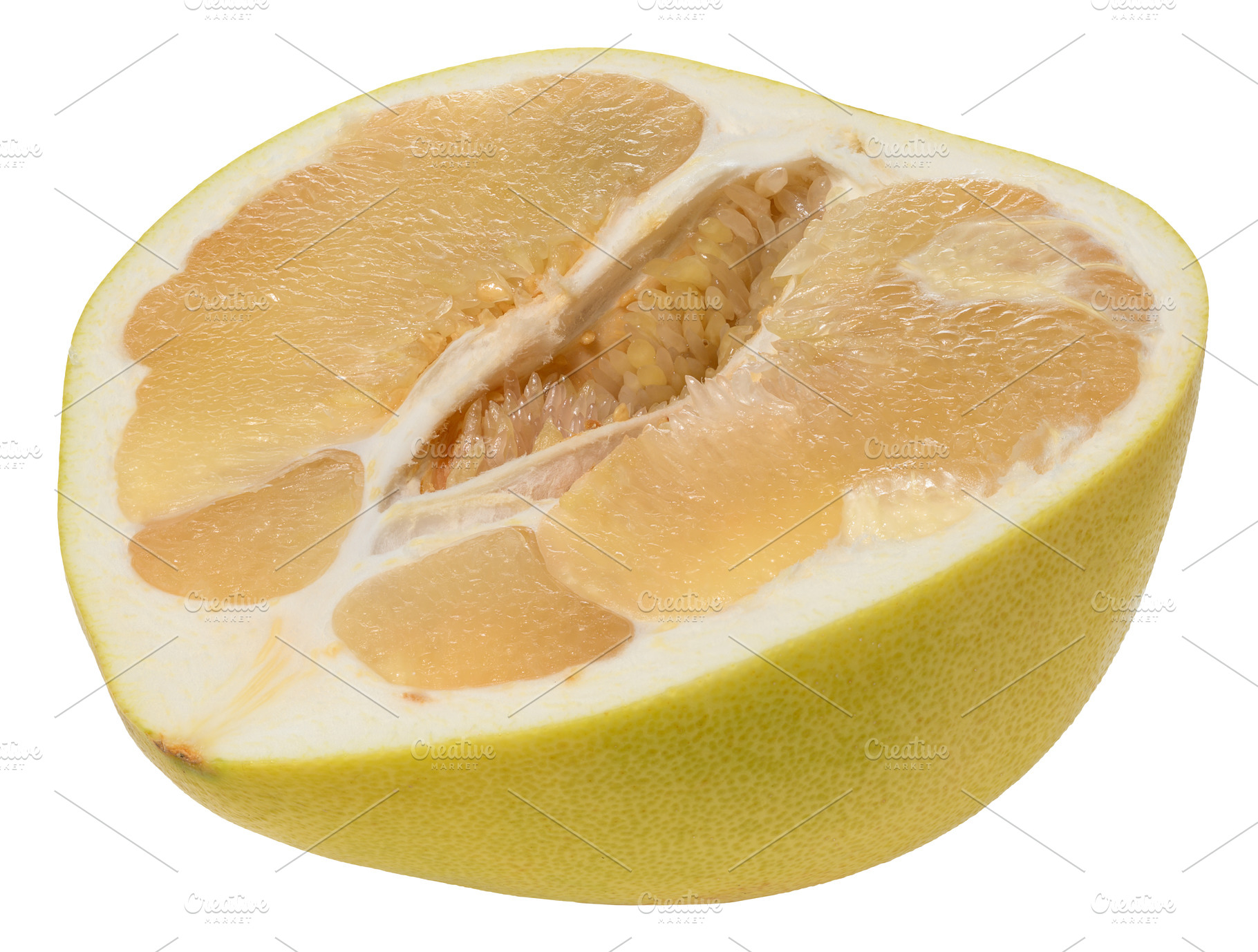 Half of juicy ripe pomelo on isolated background, a Food & Drink Photo by ndanko