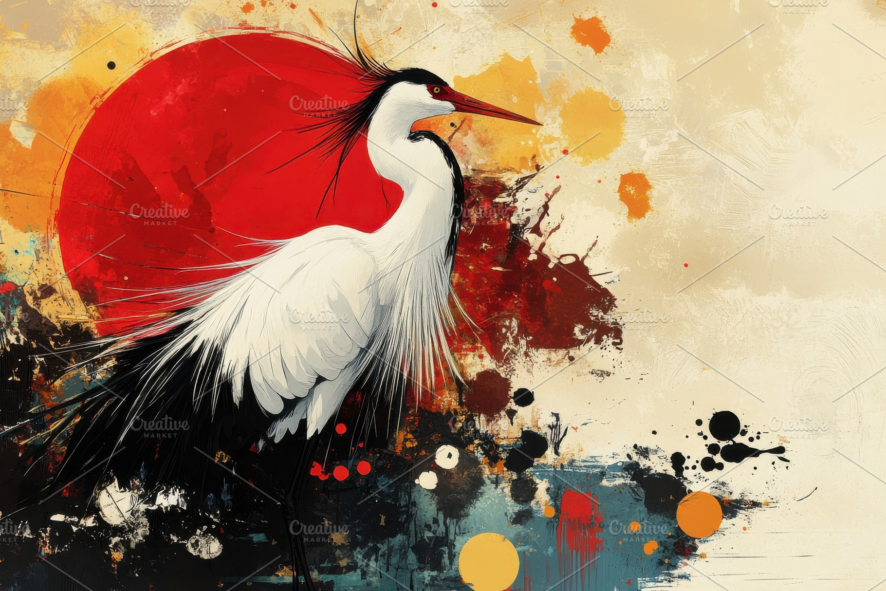 Elegant Crane Abstract Art Red Sun B, a Photo by Pixeness Studio