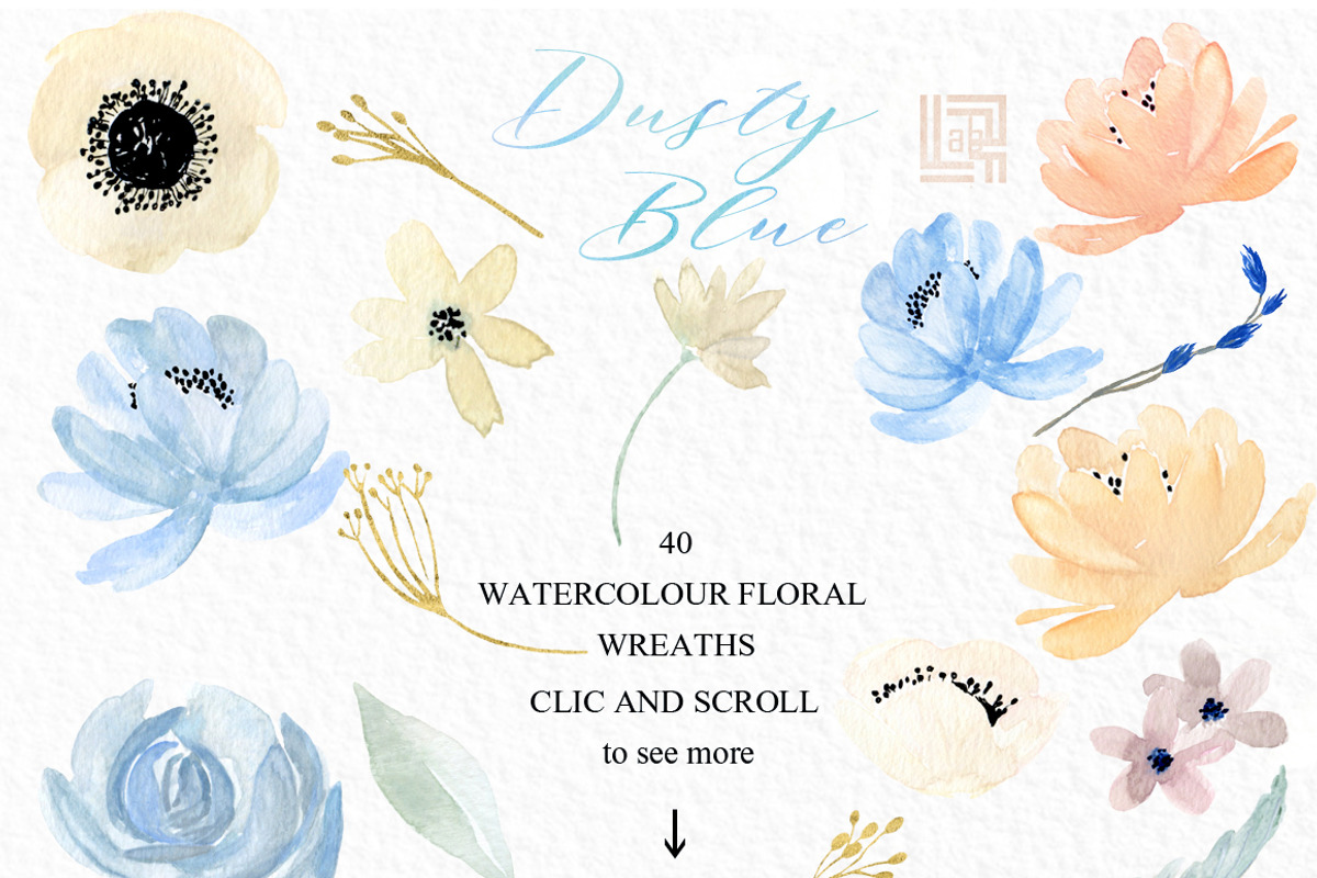 Dusty blue gold. Watercolor flowers, a Texture Illustration by LABFcreations (Photo 8 of 12)
