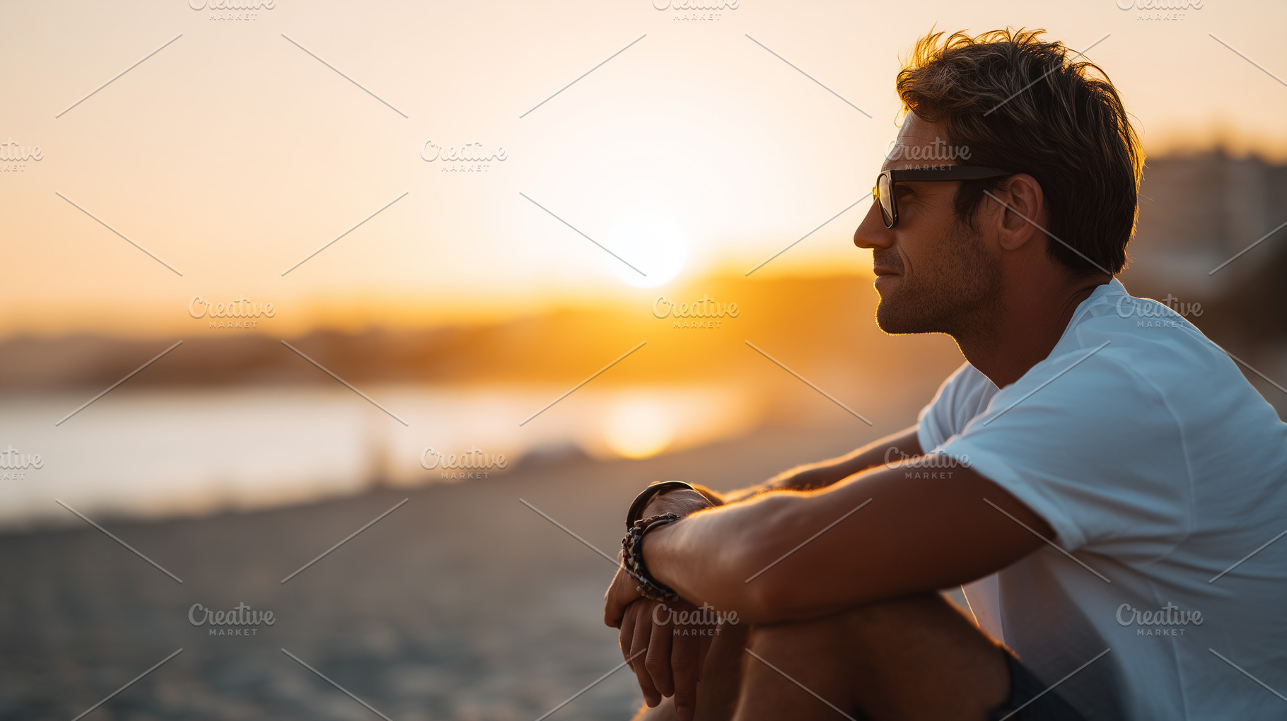 Man in sunglasses sits on the beach, a Person Photo by MistyDay
