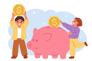 Girl and boy collect gold coins in, a Finance Illustration by Vectorbuum