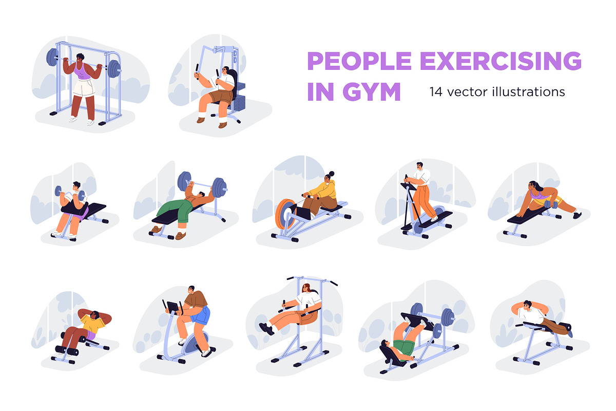 People do sport exercises in gym set, a Sport Illustration by Good Studio (Photo 1 of 15)