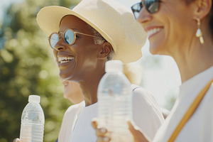 Three women enjoying walk in park wi, a Photo by Dvoevnore photos