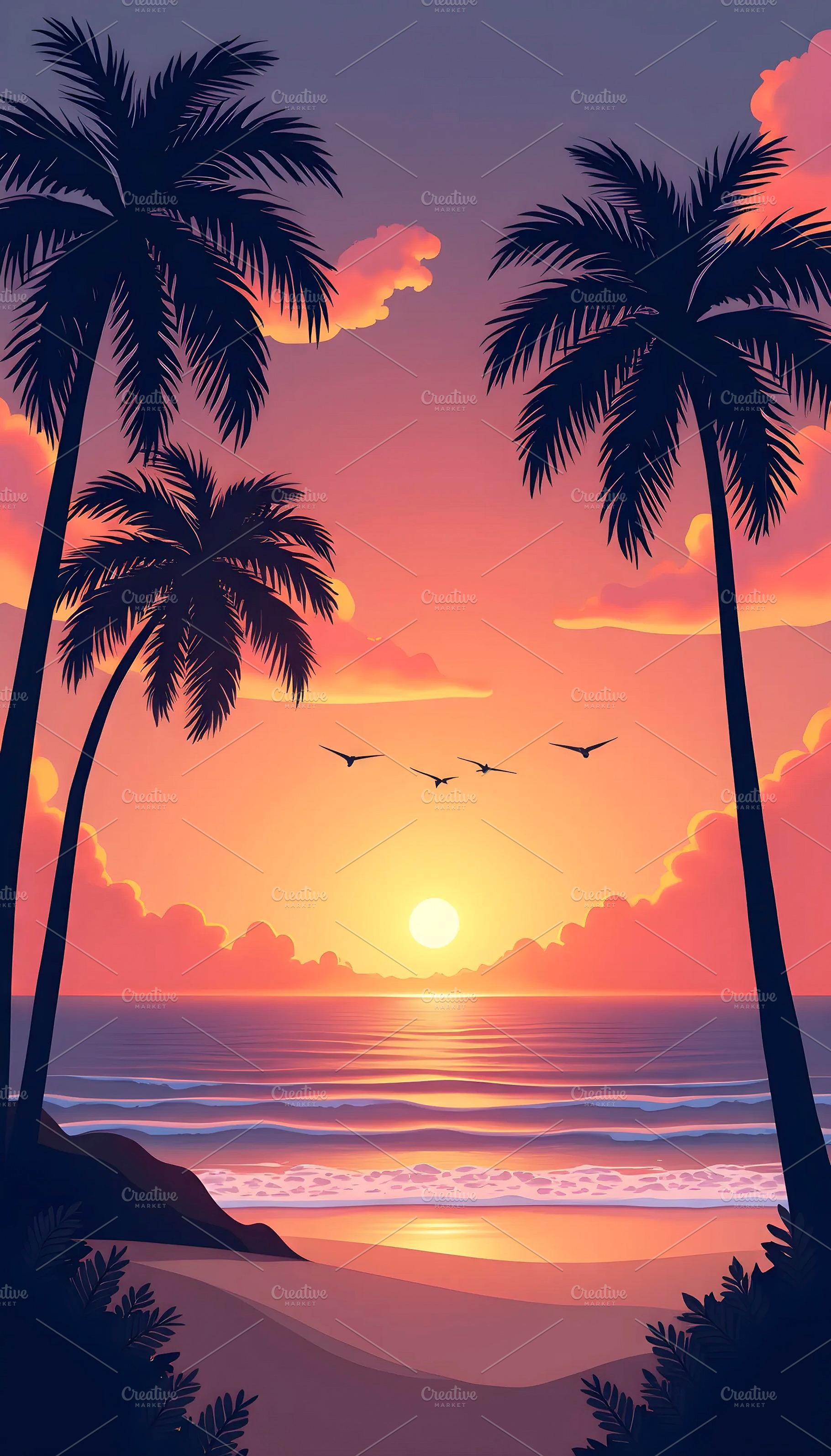 Tropical Beach Sunset with Palm Tree, a Photo by LOGOCREATIVE