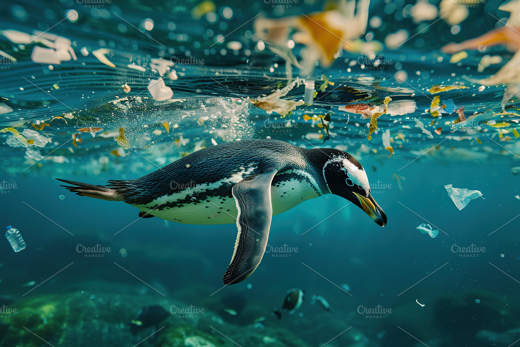 Sea penguin swims in plastic pollution in underwater sea. Enviro, an Animal Photo by AlyaAnd