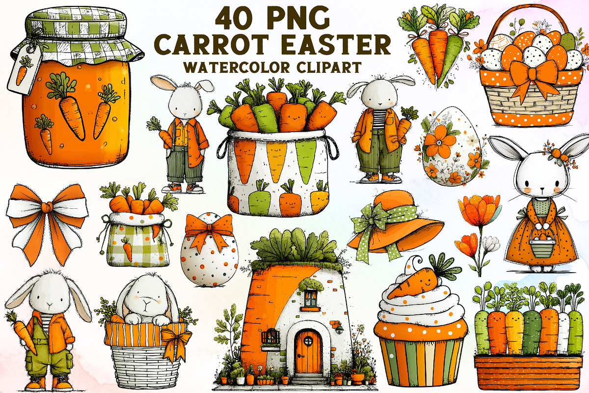Carrot Easter Watercolor Clipart Set, an Illustration by Sublimation Artist (Photo 1 of 7)