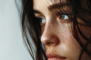Portrait of young woman with depressive state on grey background, a Person Photo by AlyaAnd