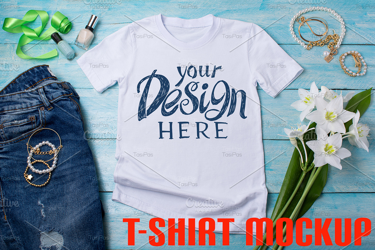 Womens T-shirt mockup with lilies, a Print Template by TasiPas (Photo 1 of 3)