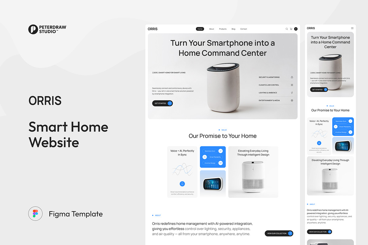 Orris – Smart Home Website UI Figma, an UI Kit Template by peterdraw (Photo 1 of 7)