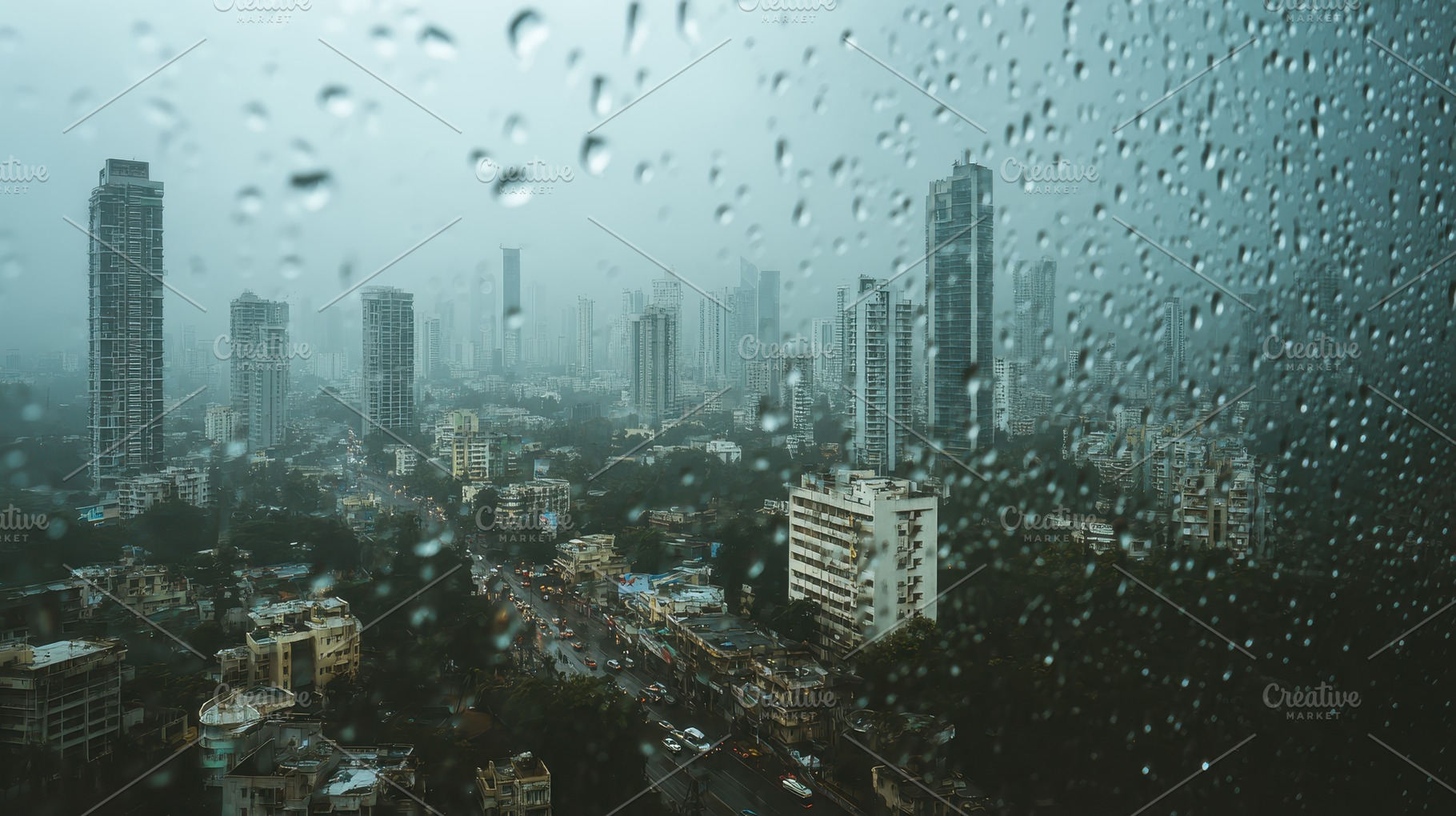 Rainy Cityscape Viewed Through a Win, a Photo by Pixeness Studio