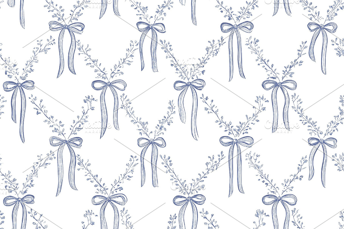 Seamless pattern, seamless pattern with hand drawn blue ribbons and delicate fl, a Pattern Graphic by Studio ANNA