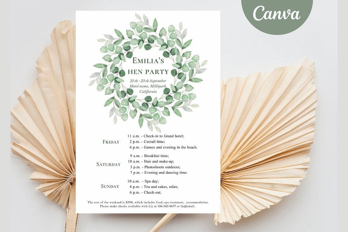 Eucalyptus Hen weekend itinerary, an Invitation Template by EvaTemplates (Photo 5 of 6)
