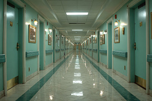 Long teal hospital hallway with door, a Photo by Pixeness Studio