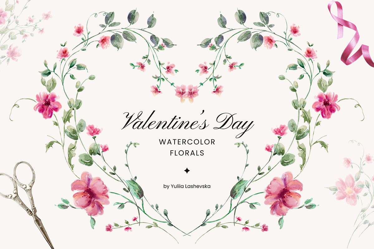 Valentine’s Day watercolor florals, a Decorative Illustration by Yuliia Lashevska (Photo 1 of 11)