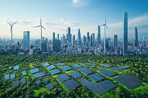 A futuristic city skyline featuring tall skyscrapers, wind turbines, and solar, a Technology Illustration by Textures & Backgrounds
