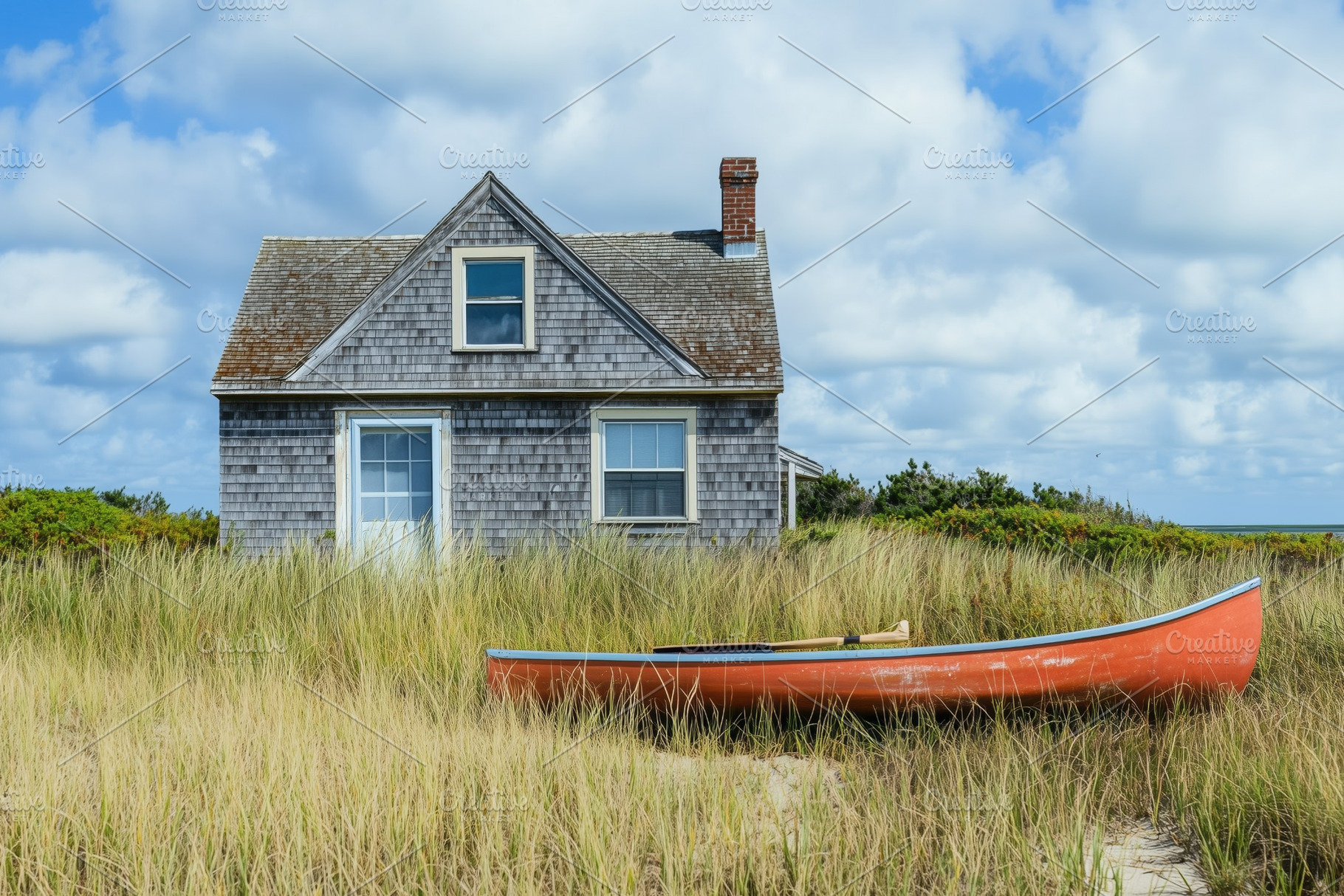 A quaint wooden cape cod house with a gray shingle exterior sits amidst tall gr, an Architecture Photo by Textures & Backgrounds