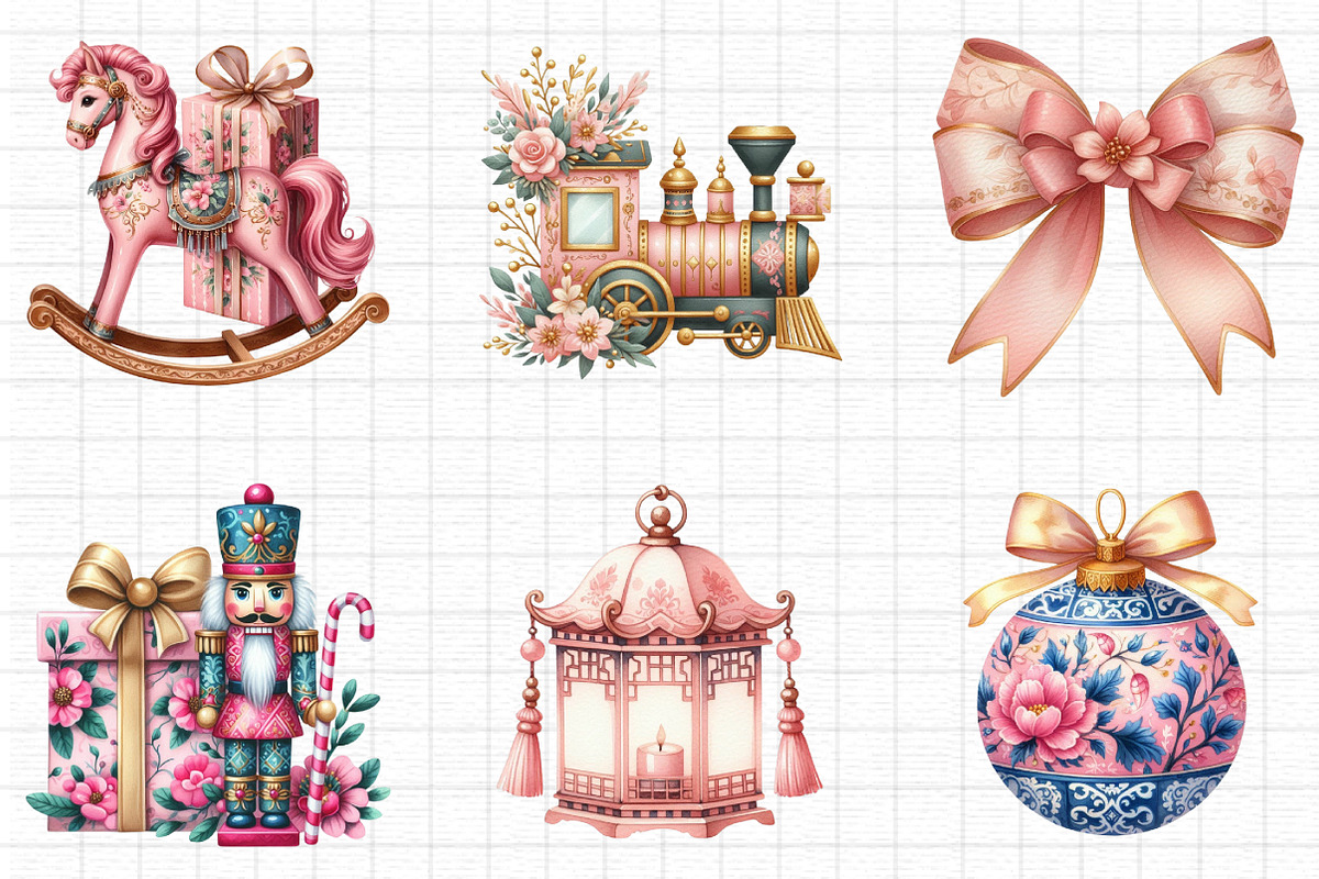 Pink Chinoiserie Christmas Clipart, a Seasonal Illustration by Daily ...