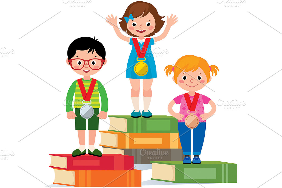 Group of children standing on podium, an Illustration by Julia's illustrations