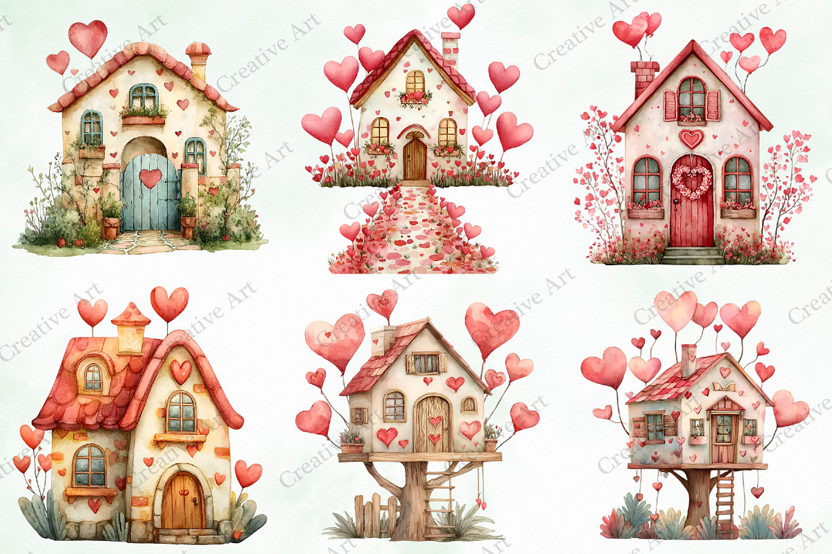 Watercolor Valentine House Clipart, an Illustration by Creative Art (Photo 8 of 9)