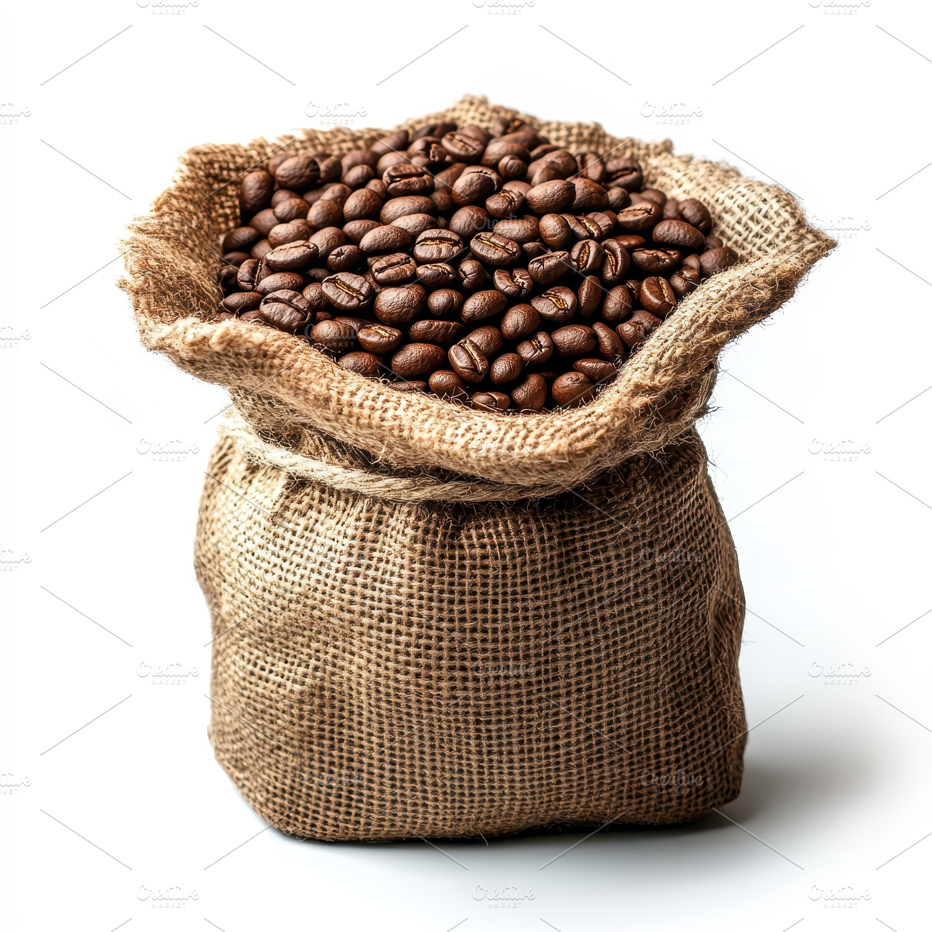 Roasted coffee beans in burlap sack, a Food & Drink Photo by Pixeness Studio