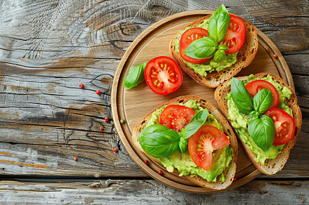 Toast bread with avocado puree and tomatoes on wooden table. Vegetarian food., a Food & Drink Photo by AlyaAnd