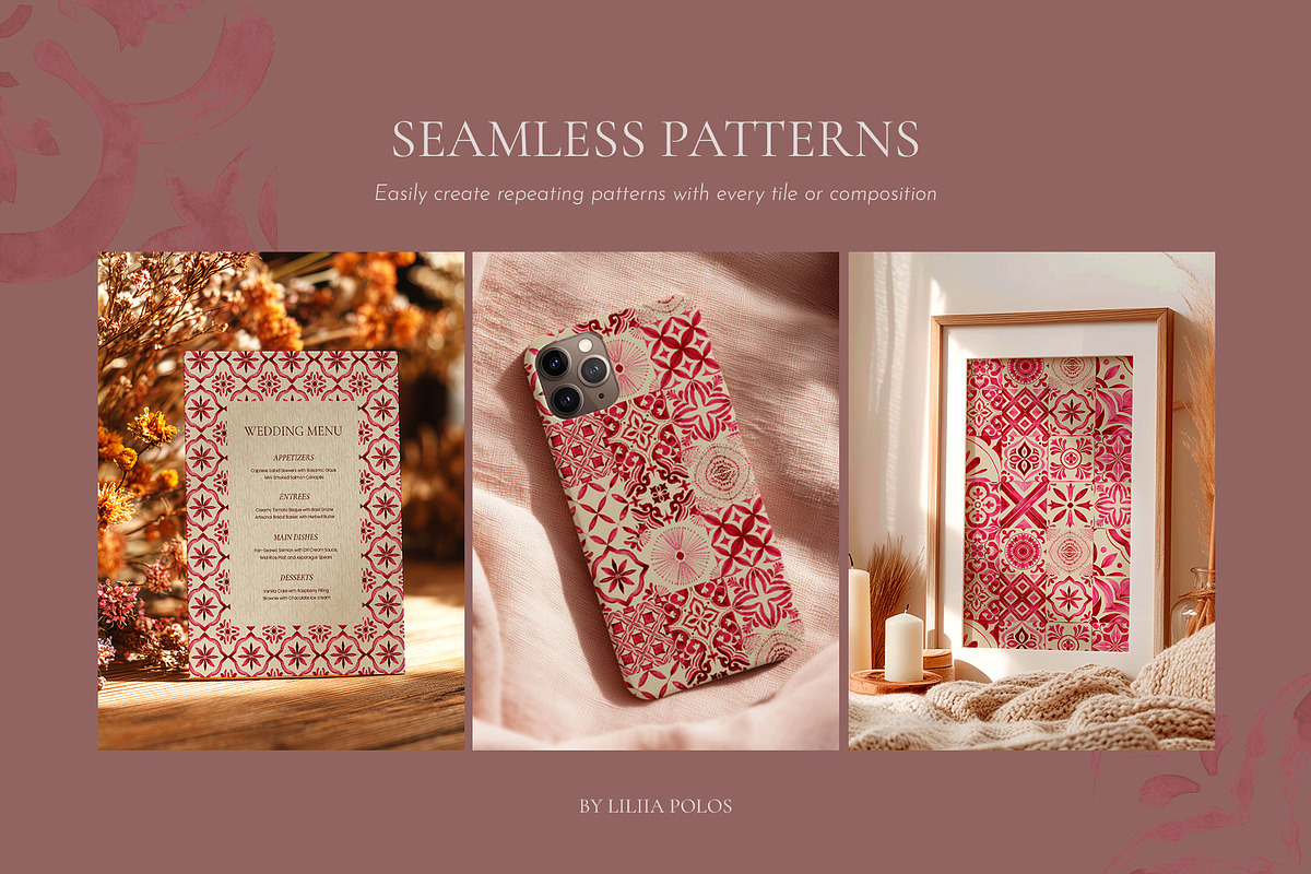 Rose Tiles Watercolor Collection, a Decorative Illustration by Liliia Polos Illustration (Photo 6 of 8)