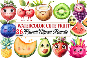 Cute Fruit Clipart,Kawaii Fruits png, an Illustration by Watercolor design