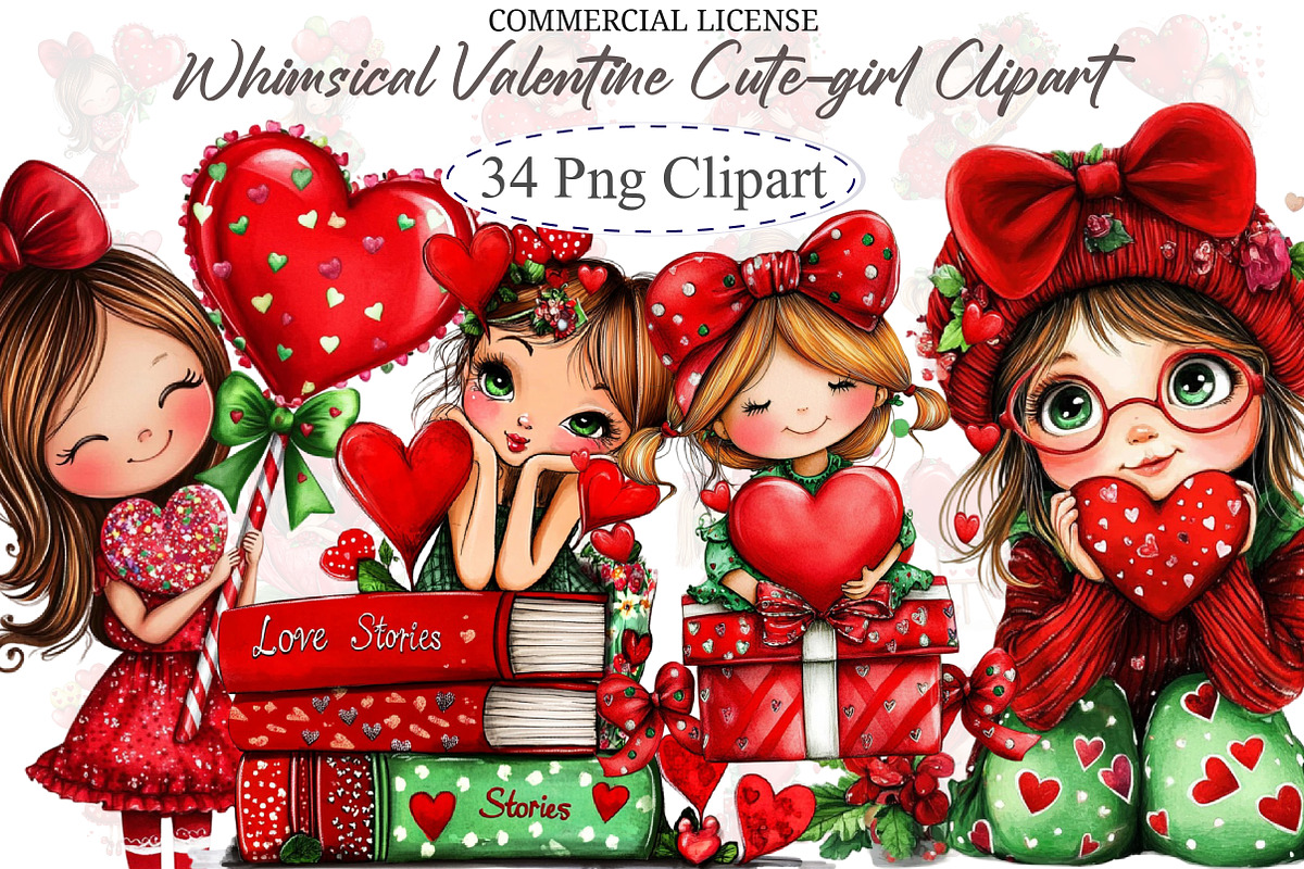Whimsical Valentine Cute-girl Clipar, an Illustration by designcity5 (Photo 1 of 5)