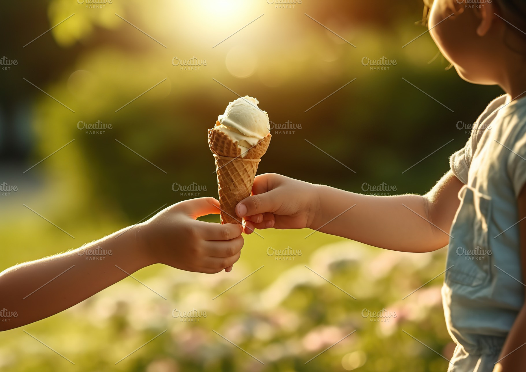 Children hands holding ice cream in waffle, outdoors. Generative AI, a Food & Drink Photo by AlyaAnd