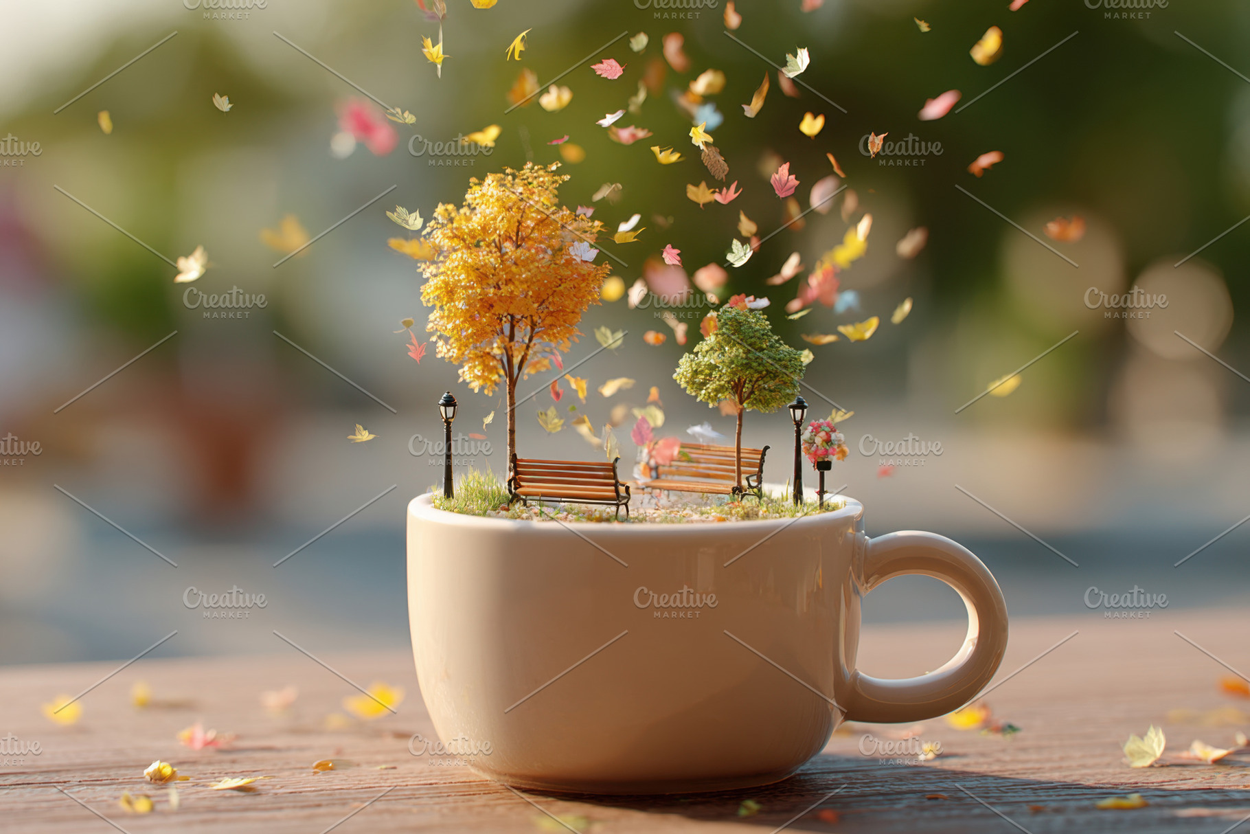 Whimsical autumn scene in a coffee cup, a Food & Drink Photo by AlyaAnd