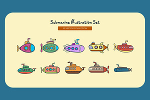 Submarine Illustration Set, a Transportation Illustration by Creathub Studio