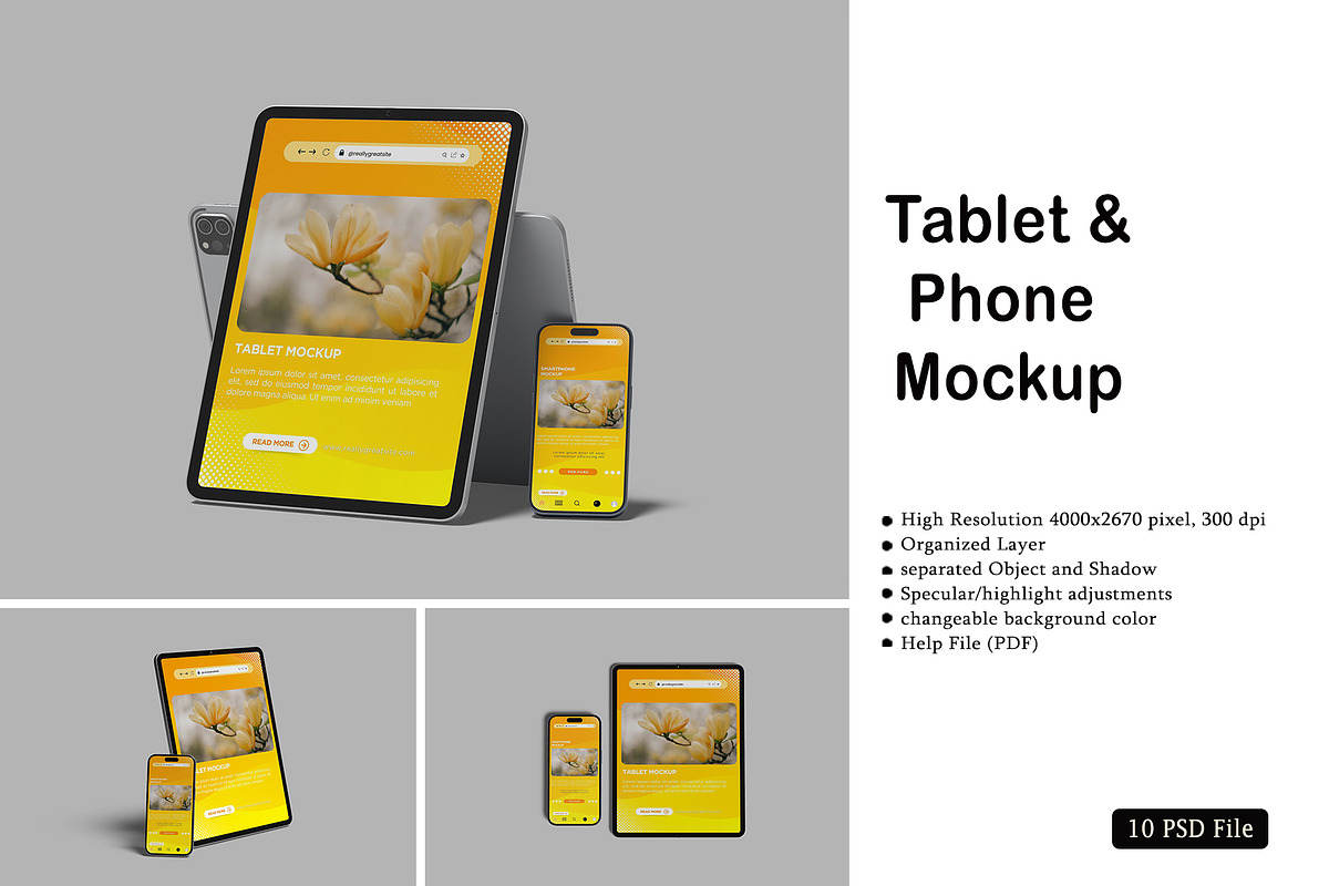 Tablet & Phone Mockup, a Device Mockup by rizalamora (Photo 1 of 11)