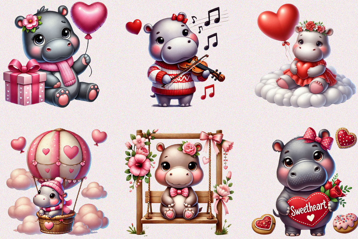 Valentine Cute Hippopotamus Clipart, a Seasonal Illustration by Craft Nest (Photo 2 of 5)