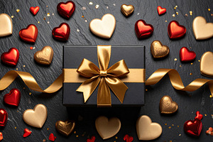Black gift box with gold ribbon and hearts, a Holiday Photo by Davizro's Market