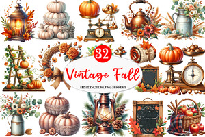 Vintage Fall Decorations Clipart, an Illustration by Watercolor design