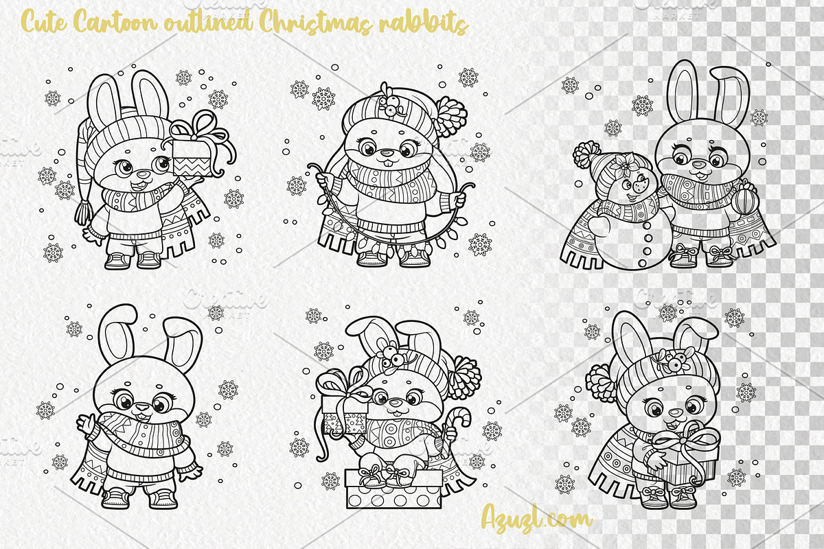 6 Cute cartoon Christmas rabbits, an Animal Illustration by Azuzlikus (Photo 2 of 4)