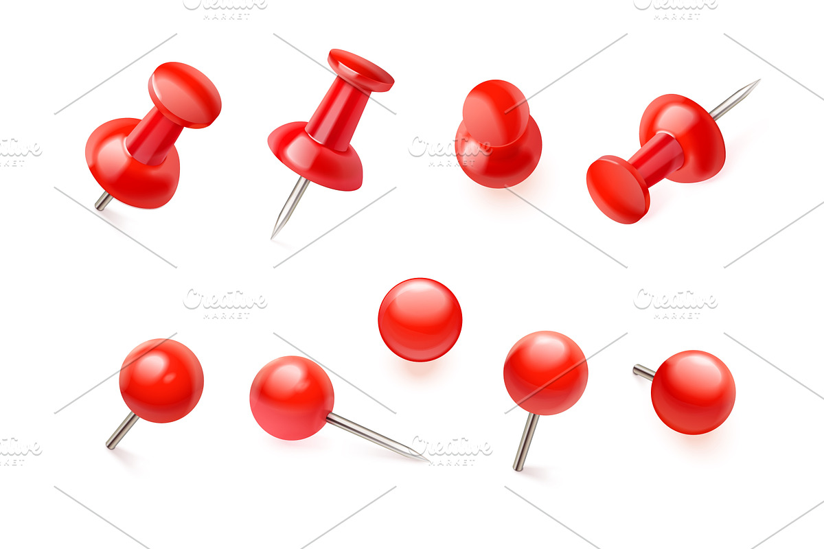 Realistic red pins. 3d push pin, an Object Illustration by Stock-Smart-Start