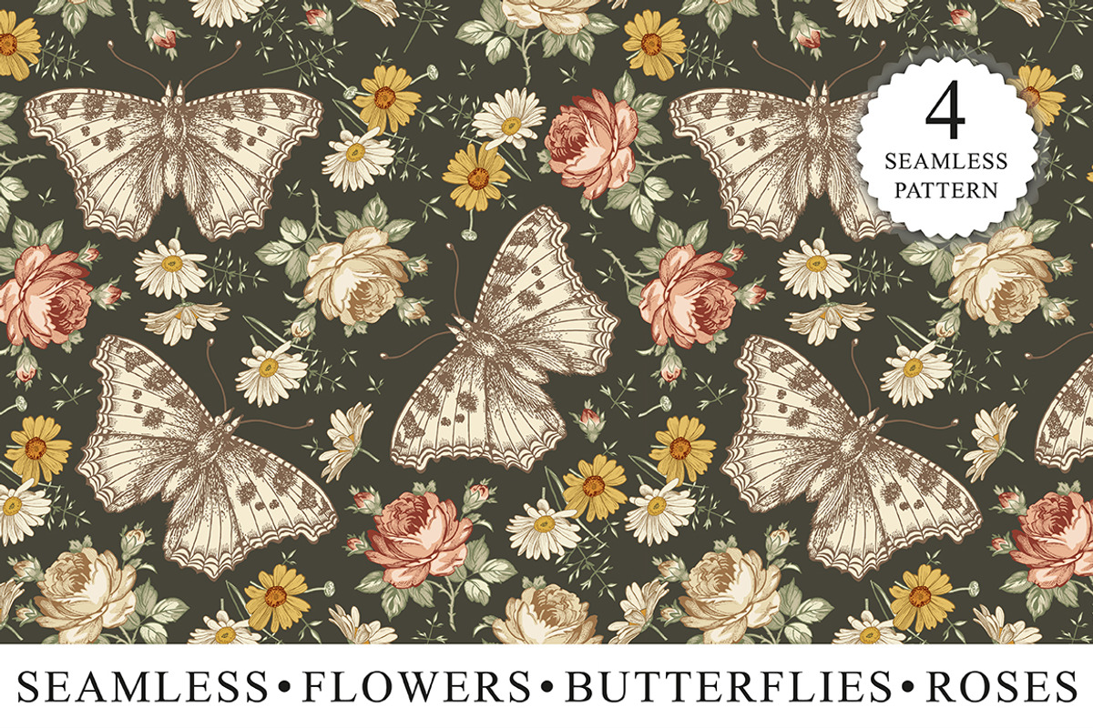4 Seamless Butterflies Roses insects, a Pattern Graphic by Vintage (Photo 1 of 14)