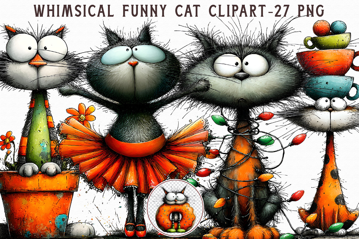Whimsical Funny Cat Clipart, an Illustration by Libby Wishes (Photo 1 of 7)