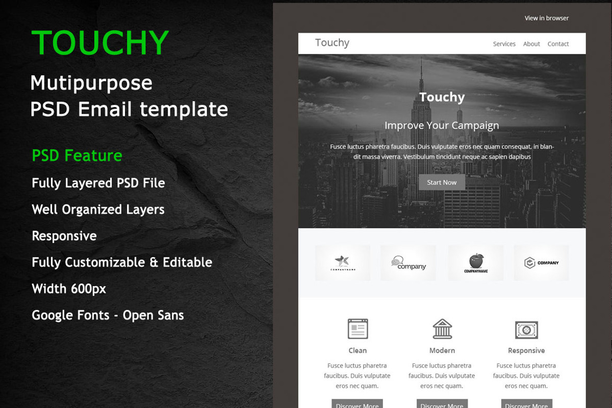 TOUCHY-PSD RESPONSIVE EMAIL TEMPLATE, an Email Template by Pennyblack Templates (Photo 1 of 3)