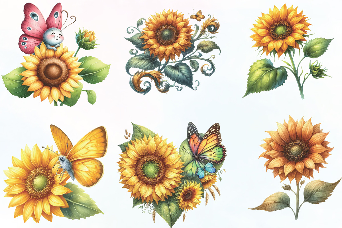 Watercolor Sunflower Butterfly, an Illustration by CraftArtStudio (Photo 2 of 6)