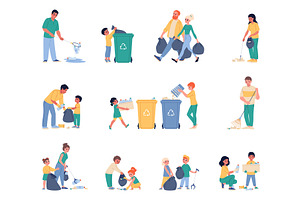 Parents and children sort garbage, a Person Illustration by YummyBuum