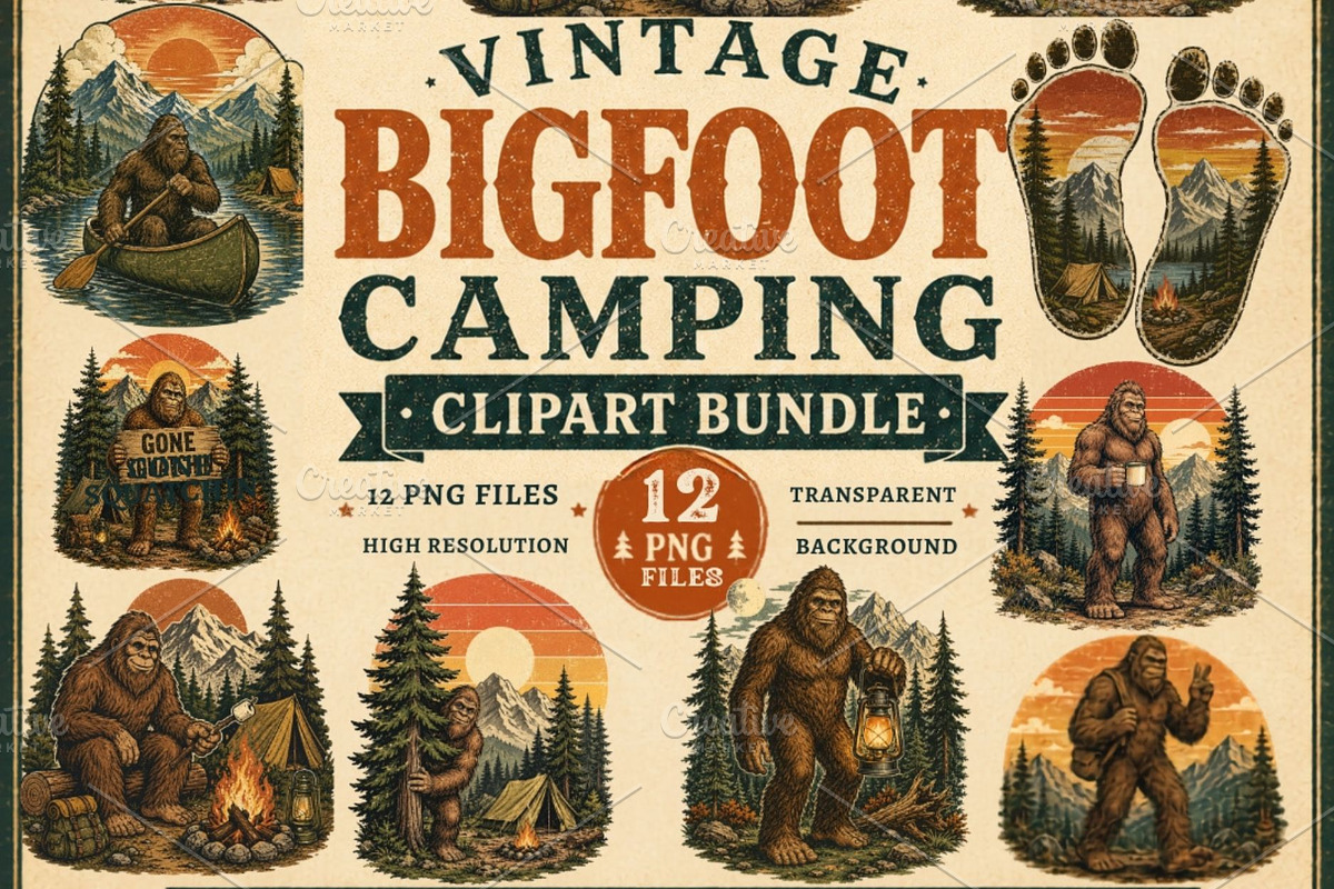 Vintage Bigfoot Camping Clipart PNG, a Person Illustration by Tanya Kart (Photo 1 of 5)