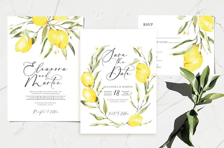 Lemon Watercolor Wedding Set, an Invitation Template by Artberriez
